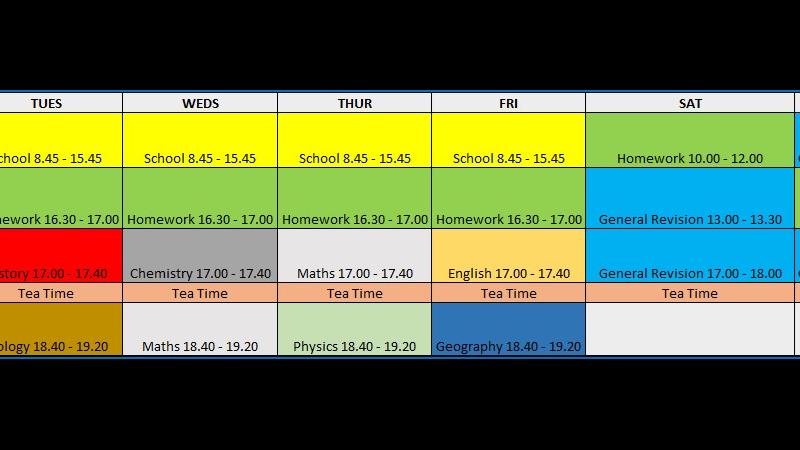 Example of colour-coded revision timetable