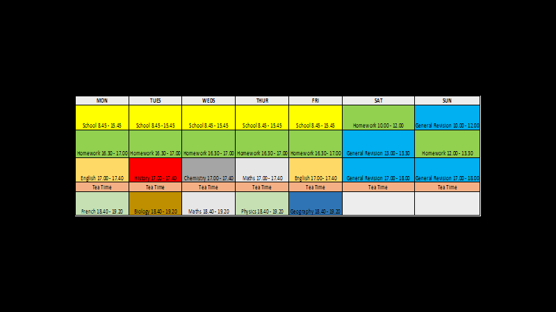 Example of colour-coded revision timetable