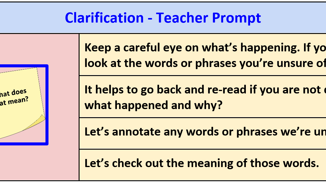 Clarification - Teacher Prompt. Keep a careful eye on what's happening.  If you get lost, look at the words or phrases you're unsure of. It helps to go back and re-read if you are not quite sure what happened and why? Let's annotate any words or phrases we're unsure of. Let's check out the meaning of those words.