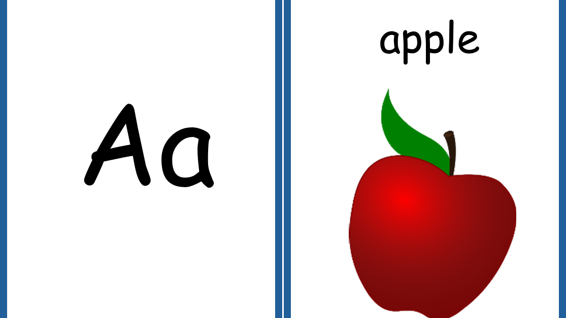 2 cards. The card on the left has a capital and lower-case A. The card on the left shows the letter sound /a/ in the top right corner. In the centre of the card the word apple is written above an image of a red apple.  