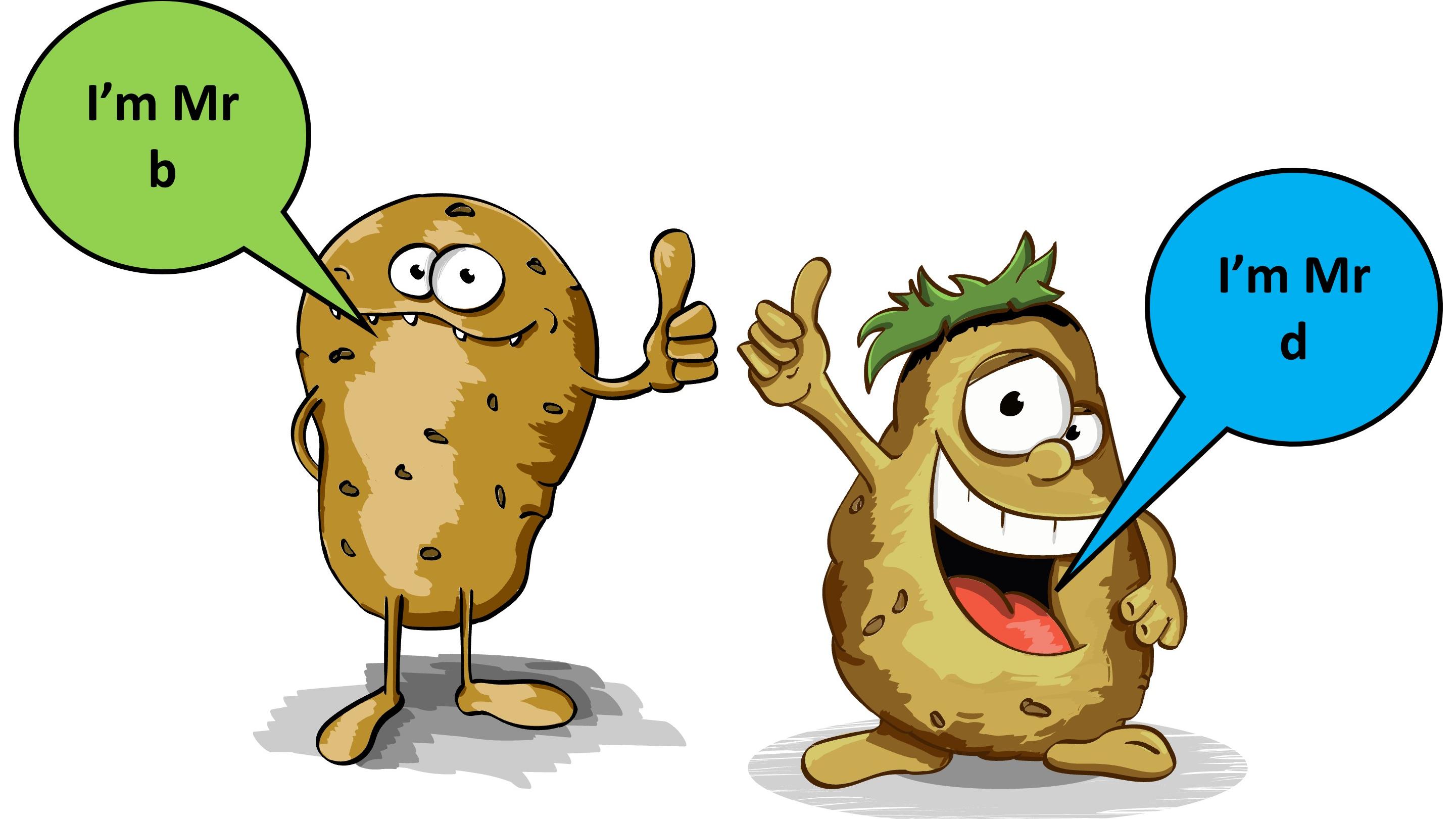 Two potato men facing forward. The potato on the left is giving a thumbs up sign with his left hand. A speech bubble says ‘I’m Mr b’. The potato on the right is making a thumbs up sign with his right hand. The speech bubble says ‘I’m Mr d’. 