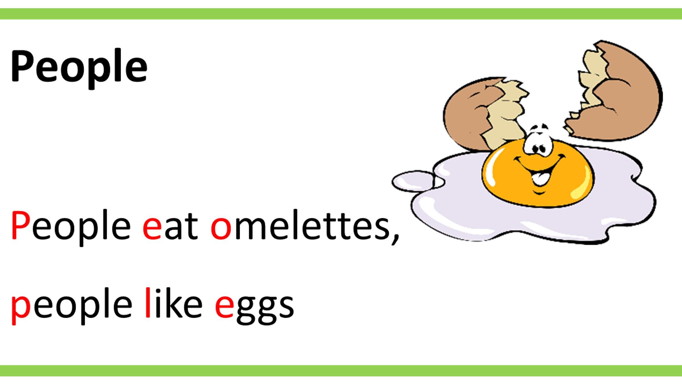 People card mnemonic example.      People eat omelettes, people like eggs.   A cartoon of an egg and a broken egg to the right of the text.