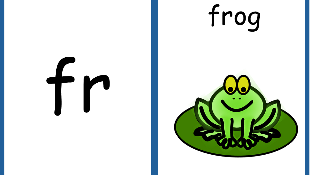 2 cards. The card on the left has a the letters for the beginning blend ‘fr’. The card on the left shows an image of a frog in the centre with the word frog written above. 